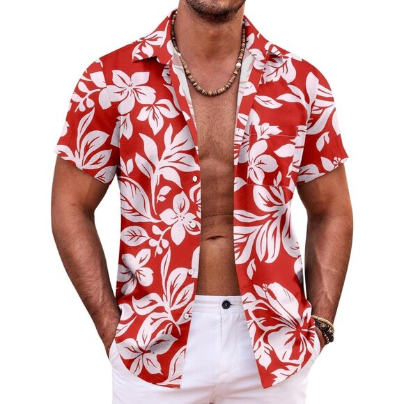 Mens Red Hawaiian Shirt Short Sleeve Button Down Tropical Summer Beach - Picture 1 of 5